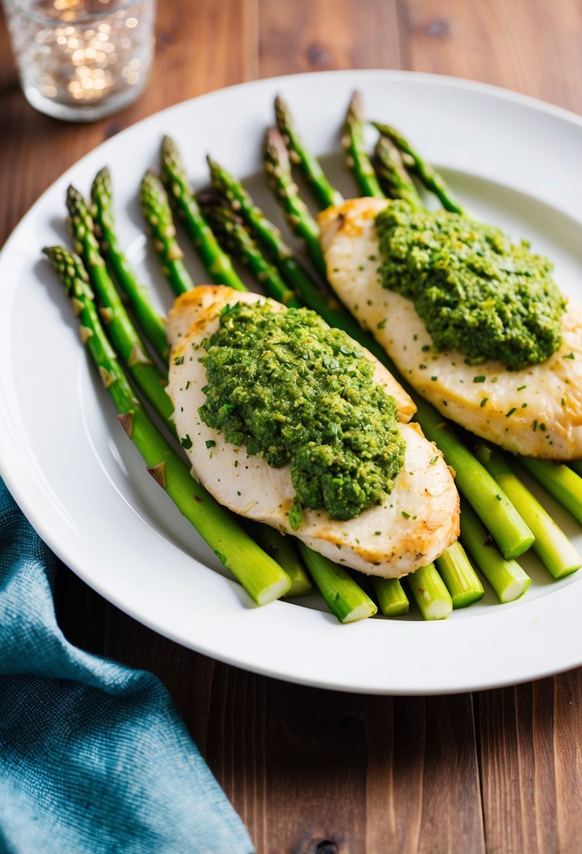 A platter of pesto-stuffed chicken breasts surrounded by vibrant green asparagus spears on a white dinner plate